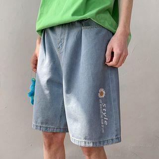 Lettering Flower Print Denim Shorts
