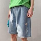 Lettering Flower Print Denim Shorts