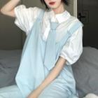 Short-sleeve Tie-neck Blouse / Mini Overall Dress