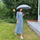 Drawcord Button-up Long Dress