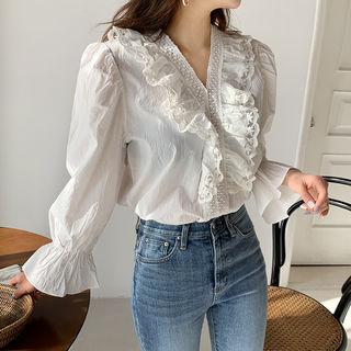 V-neck Laced Ruffle-trim Blouse