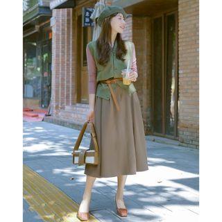 Sweater Vest / Long-sleeve Top / Midi A-line Skirt