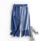 Paneled Ripped Midi A-line Denim Skirt