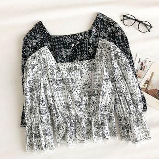 Printed Square-neck Lace-trim Long-sleeve Blouse