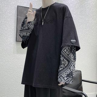 Inset Short-sleeve Tee Paisley Print Long-sleeve Top