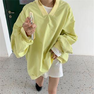 Plain Long-sleeve Loose-fit T-shirt / V-neck Pullover
