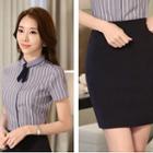 Set: Short-sleeve Striped Blouse + Pencil Skirt