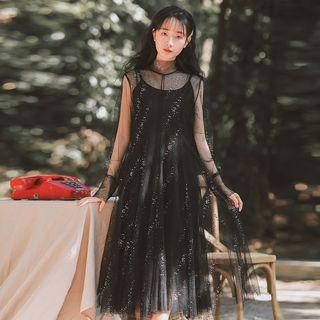 Long Sleeve Stand-collar Mesh Dress