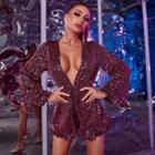 Sequins V-neck Long-sleeve Playsuit