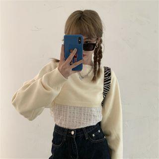 Mesh Tank Top/ Knitted Open-back Cropped Sweater