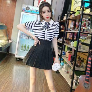 Set: Short-sleeve Bow Knit Top + Pleated Skirt