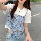 Mock Two-piece Short-sleeve Floral T-shirt Off-white - One Size