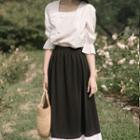Set: 3/4-sleeve Square-neck Blouse + Midi A-line Skirt