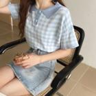 Short-sleeve Gingham Polo-neck Top