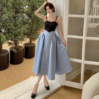 Pearl-strap Two-tone Midi Dress