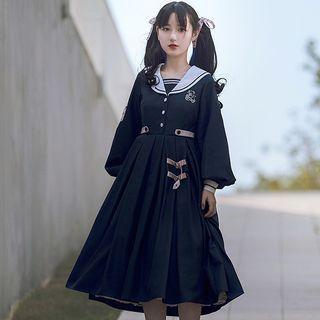 Long-sleeve Bear Embroidered Midi A-line Dress