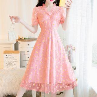 Short-sleeve Sequined Floral Mesh A-line Midi Dress