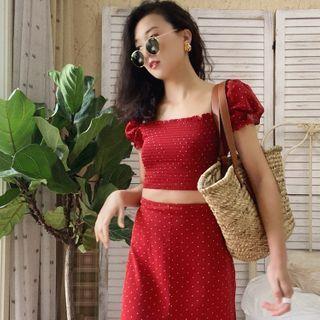 Set: Dotted Short-sleeve Crop Top + Midi Skirt