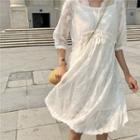 Set: Embroidered Elbow-sleeve A-line Dress + Strappy Dress