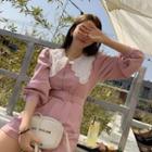 Lace-collar Puff-sleeve Playsuit With Belt