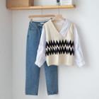 Knit Panel Blouse / Straight-leg Jeans