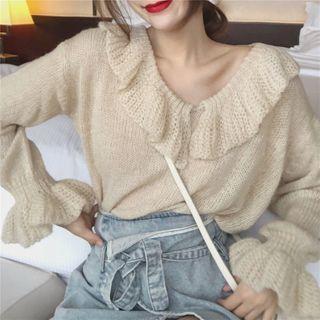Ruffle Trim Plain Sweater Almond - One Size