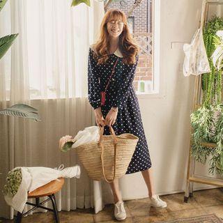Contrast-collar Polka-dot Long Dress