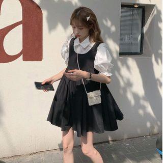 Puff-sleeve Plain Blouse / Loose-fit Overall Dress