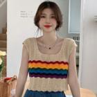 Round Neck Rainbow Stripe Cropped Sweater Vest Stripe - Beige - One Size