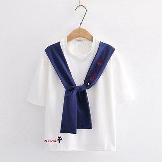 Cat Embroidered Inset Scarf Short-sleeve Tee