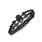 Fashion Personality Plated Black Skull Cubic Zirconia Double-layer Black Leather Bracelet Black - One Size