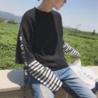 Lettering Strap Striped Panel Sleeve Pullover