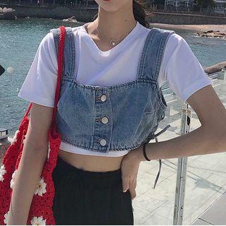 Short-sleeve Plain T-shirt / Sleeveless Denim Crop Top