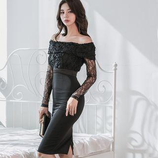 Off-shoulder Lace Panel Midi Sheath Dress