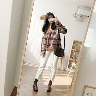 V-neck Plaid Check Knit Top Brown - One Size