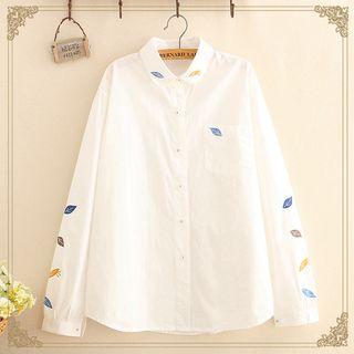 Pocket-front Leaf-embroidered Long-sleeve Shirt As Shown In Figure - One Size