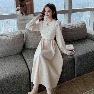 Lace Panel Long-sleeve Midi Collared Dress