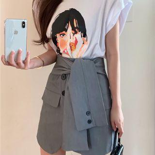 Cap-sleeve Print T-shirt / Mini A-line Skirt