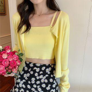 Set: Cropped Camisole Top + Buttoned Plain Cardigan