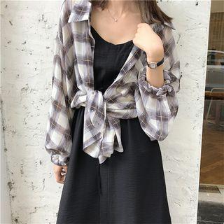 Check Long-sleeve Loose-fit Chiffon Shirt