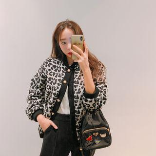 Faux-pearl Button Leopard Blouson Jacket Black - One Size