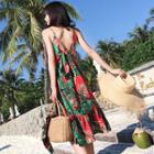 Spaghetti Strap Fern Printed Tie-back A-line Dress