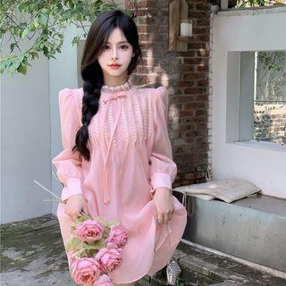 Mock-neck Striped Mesh A-line Dress Pink - One Size