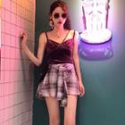 Spaghetti-strap Velvet Top / Plaid Culottes