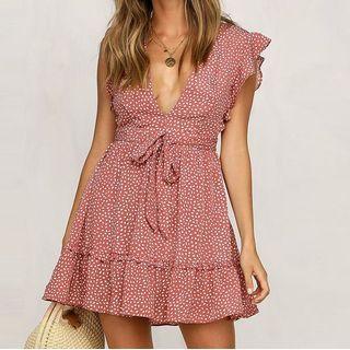Ruffle Trim Sleeveless V-neck Mini A-line Dress