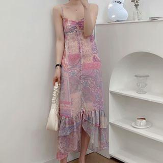 Spaghetti Strap Printed Ruffle Hem Midi Sheath Dress
