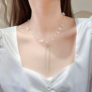 Rhinestone Bow Faux Pearl Necklace White - One Size