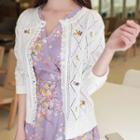 Flower-embroidered Pointelle-knit Cardigan