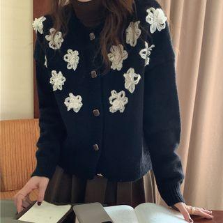 Round Neck Flower Accent Cardigan Black - One Size