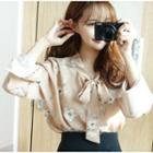 Bow Long-sleeved Loose-fit Floral Print Blouse